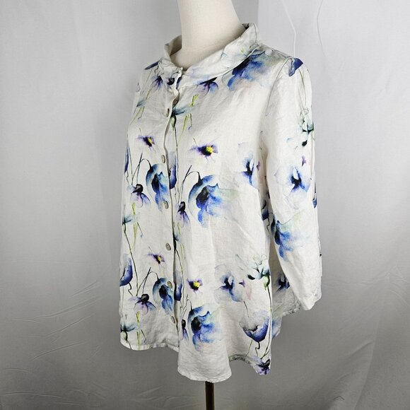 Mario Romano Linen Top Medium Floral Button-Up Made In Italy - Picture 3 of 10